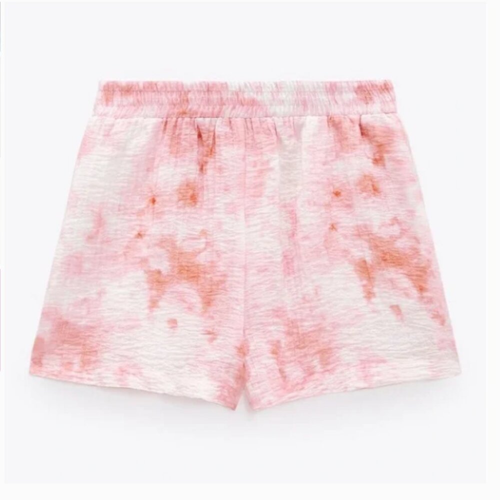Zara Pink & White Tie Dye Crinkle Textured Flowy High Waist Elastic Shorts